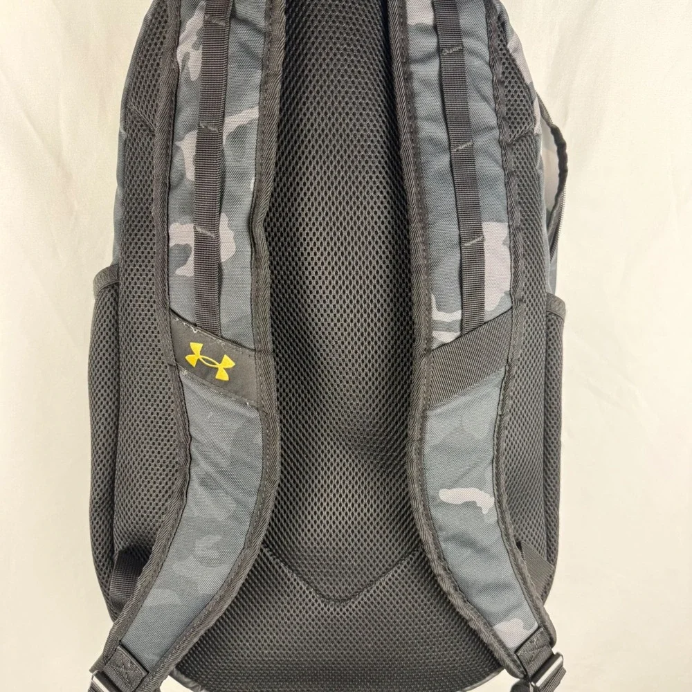 Under Armour Hustle 5.0 Storm Black Gray Camo Laptop Backpack Gold Logo School